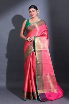 Pink Katan Silk Handwoven Saree With Zari Woven Floral Nakshi Pattern