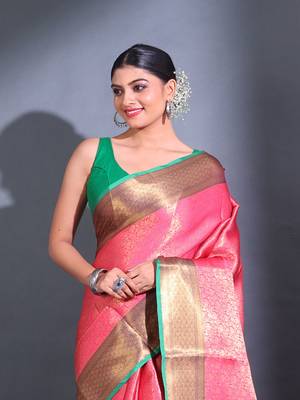 Pink Katan Silk Handwoven Saree With Zari Woven Floral Nakshi Pattern 2