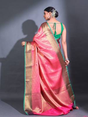 Pink Katan Silk Handwoven Saree With Zari Woven Floral Nakshi Pattern 4