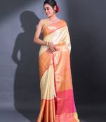 Light Yellow Handwoven Kanjivaram Pattu Saree With Paisley And Ethnic Designs