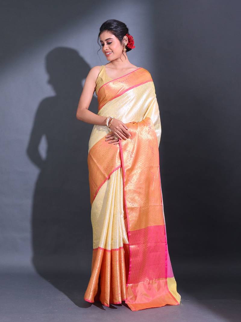 Light Yellow Handwoven Kanjivaram Pattu Saree With Paisley And Ethnic Designs