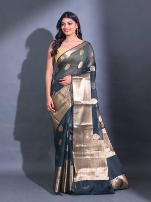 Sacramento Green Resham Kota Handwoven Saree With Zari Damask Designs 1