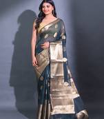 Sacramento Green Resham Kota Handwoven Saree With Zari Damask Designs