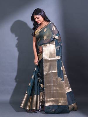 Sacramento Green Resham Kota Handwoven Saree With Zari Damask Designs 3