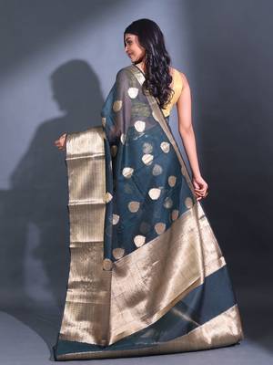 Sacramento Green Resham Kota Handwoven Saree With Zari Damask Designs 4