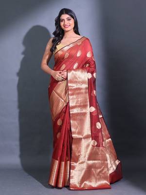 Maroon Resham Kota Handwoven Saree With Zari Damask Designs 1