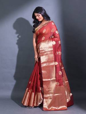 Maroon Resham Kota Handwoven Saree With Zari Damask Designs 3