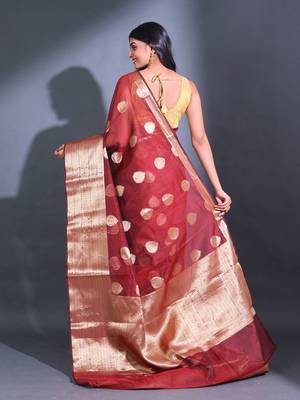 Maroon Resham Kota Handwoven Saree With Zari Damask Designs 4