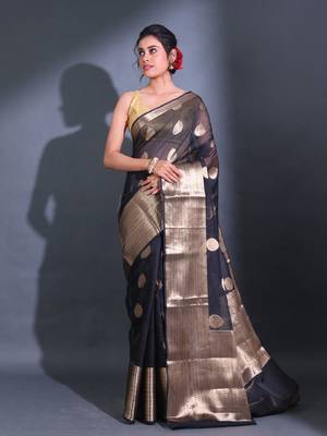 Black Resham Kota Handwoven Saree With Zari Damask Designs 1
