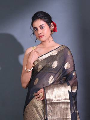 Black Resham Kota Handwoven Saree With Zari Damask Designs 2