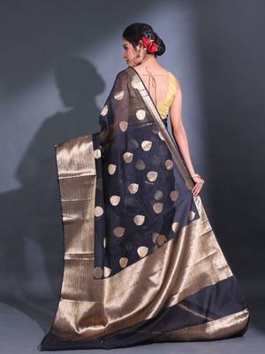 Black Resham Kota Handwoven Saree With Zari Damask Designs 4