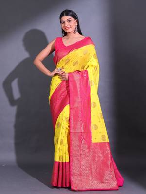 Yellow Dupion Silk Handwoven Saree With Zari Woven Geomatric And paisley Patterns 1