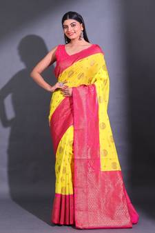 Yellow Dupion Silk Handwoven Saree With Zari Woven Geomatric And paisley Patterns