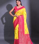 Yellow Dupion Silk Handwoven Saree With Zari Woven Geomatric And paisley Patterns