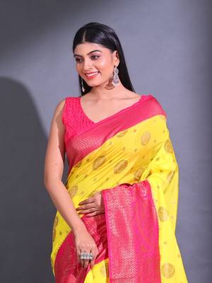 Yellow Dupion Silk Handwoven Saree With Zari Woven Geomatric And paisley Patterns 2