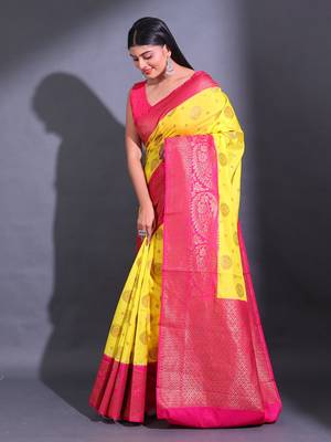 Yellow Dupion Silk Handwoven Saree With Zari Woven Geomatric And paisley Patterns 3