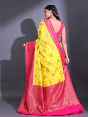 Yellow Dupion Silk Handwoven Saree With Zari Woven Geomatric And paisley Patterns 4