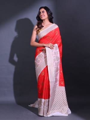 Red Dupion Silk Handwoven Saree With Zari Woven Texture And Floral Patterns 1