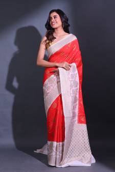 Red Dupion Silk Handwoven Saree With Zari Woven Texture And Floral Patterns