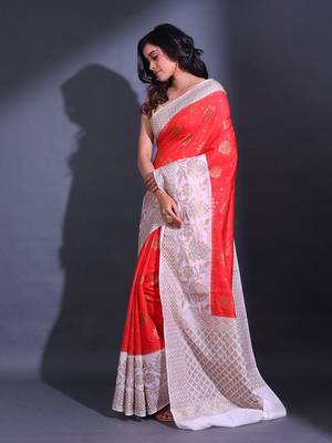 Red Dupion Silk Handwoven Saree With Zari Woven Texture And Floral Patterns 3