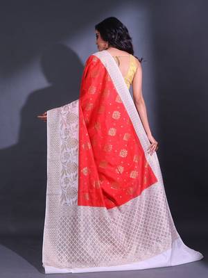 Red Dupion Silk Handwoven Saree With Zari Woven Texture And Floral Patterns 4