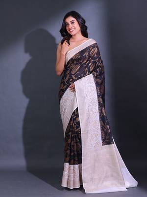 Black Dupion Silk Handwoven Saree With Zari Woven Lotus And Texture Patterns 1