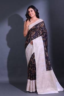 Black Dupion Silk Handwoven Saree With Zari Woven Lotus And Texture Patterns