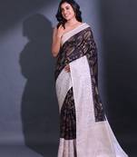 Black Dupion Silk Handwoven Saree With Zari Woven Lotus And Texture Patterns