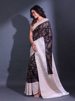 Black Dupion Silk Handwoven Saree With Zari Woven Lotus And Texture Patterns 3