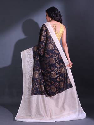 Black Dupion Silk Handwoven Saree With Zari Woven Lotus And Texture Patterns 4