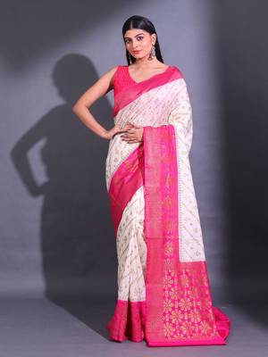 White Dupion Silk Handwoven Saree With Zari Woven Texture And Ethnic Patterns 1