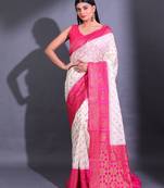 White Dupion Silk Handwoven Saree With Zari Woven Texture And Ethnic Patterns