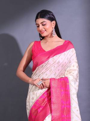 White Dupion Silk Handwoven Saree With Zari Woven Texture And Ethnic Patterns 2