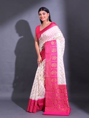 White Dupion Silk Handwoven Saree With Zari Woven Texture And Ethnic Patterns 3