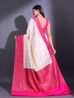 White Dupion Silk Handwoven Saree With Zari Woven Texture And Ethnic Patterns 4