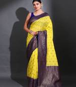 Yellow Dupion Silk Handwoven Saree With Zari Woven Texture And Floral Patterns