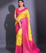 Yellow Dupion Silk Handwoven Saree With Zari Woven Texture And Floral Patterns