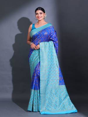 Blue Dupion Silk Handwoven Saree With Zari Woven Paisley And Texture Patterns 1