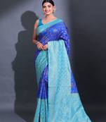 Blue Dupion Silk Handwoven Saree With Zari Woven Paisley And Texture Patterns