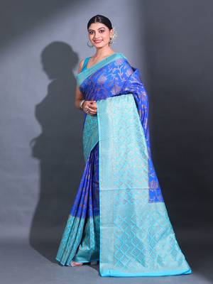 Blue Dupion Silk Handwoven Saree With Zari Woven Paisley And Texture Patterns 3