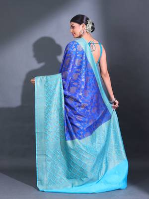 Blue Dupion Silk Handwoven Saree With Zari Woven Paisley And Texture Patterns 4