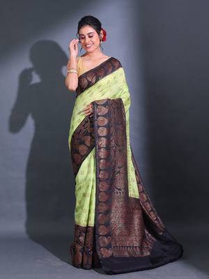 Mint Green Dupion Silk Handwoven Saree With Zari Woven Paisley And Nakshi Patterns 1