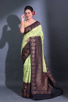 Mint Green Dupion Silk Handwoven Saree With Zari Woven Paisley And Nakshi Patterns