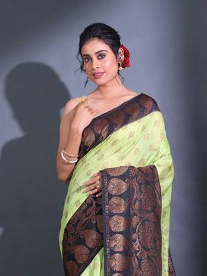 Mint Green Dupion Silk Handwoven Saree With Zari Woven Paisley And Nakshi Patterns 2