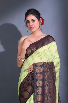 Mint Green Dupion Silk Handwoven Saree With Zari Woven Paisley And Nakshi Patterns
