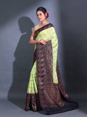 Mint Green Dupion Silk Handwoven Saree With Zari Woven Paisley And Nakshi Patterns 3