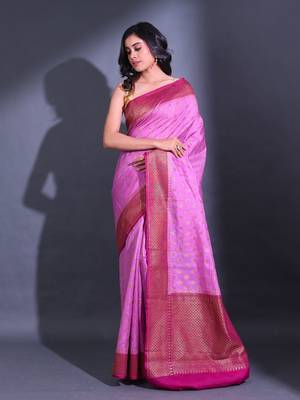 Violet Dupion Silk Handwoven Saree With Zari Woven Texture And Floral Patterns 1
