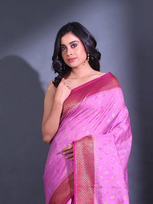 Violet Dupion Silk Handwoven Saree With Zari Woven Texture And Floral Patterns 2