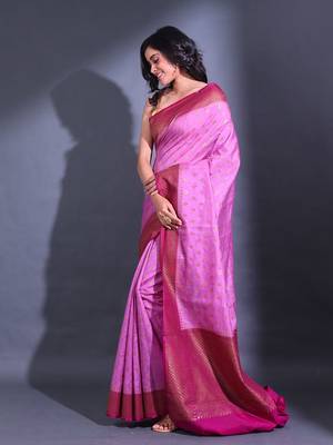 Violet Dupion Silk Handwoven Saree With Zari Woven Texture And Floral Patterns 3