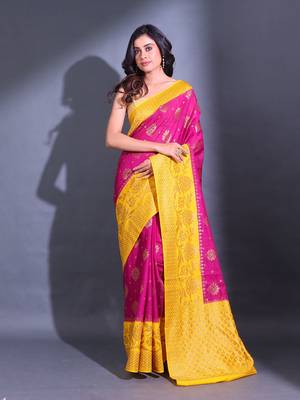 Magenta Dupion Silk Handwoven Saree With Zari Woven Texture And Floral Patterns 1
